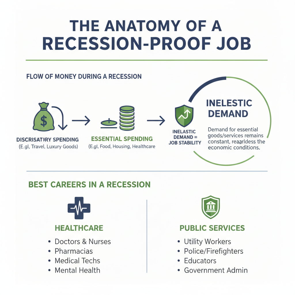 Infographic explaining the best careers in a recession and why inelastic demand creates job security.